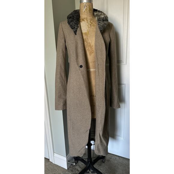 Women's Wool Dress Coat BLUE DEEP Tan/ Beige Taupe Lamb Fur 6-8 Italy 42 EU, S - Picture 12 of 16